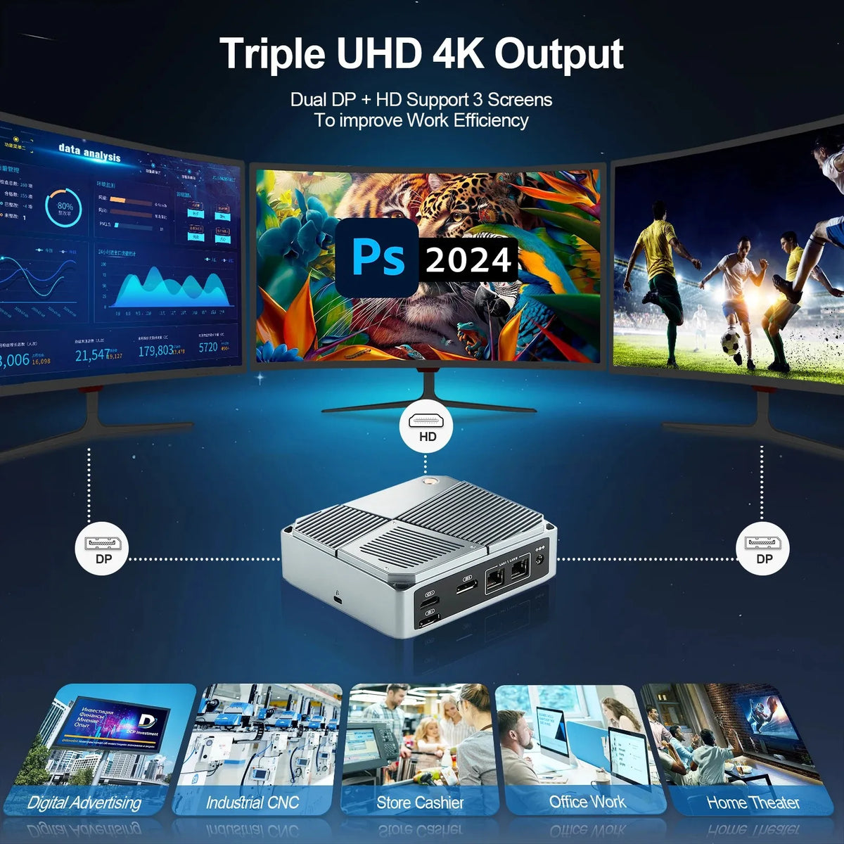 VNOPN Mini PC Intel N100/AMD A9-9420 Win10 DDR4 2LAN HDMI+2*DP Small Pocket Computer Dual SSD Full Function Type-C 4K 60Hz