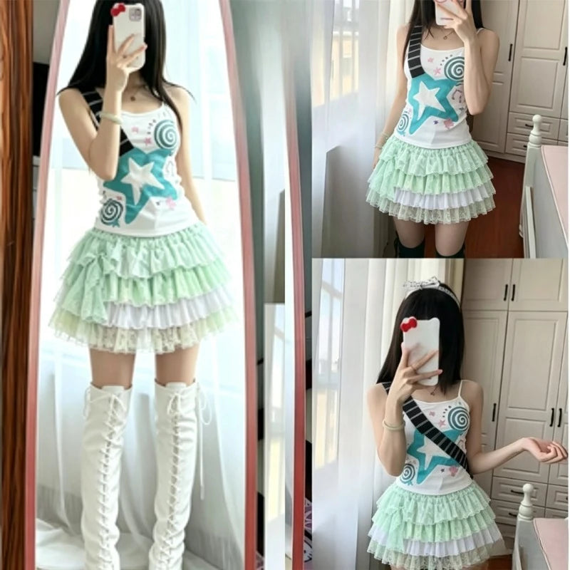 Retro Subculture Two Piece Suit Girls Cute Big Star Swirl Print Cami Top Glitter Tier Mini Skirt Japanese Sweet Summer Outfit