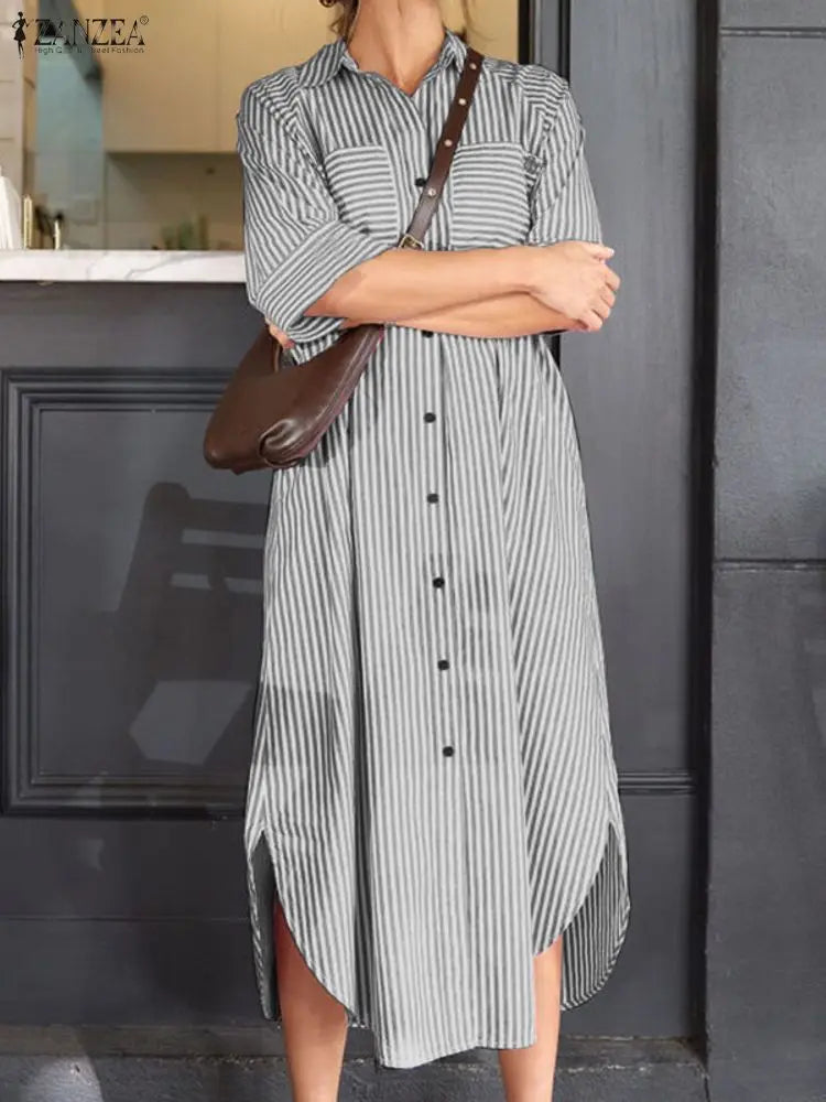 ZANZEA Women Fashion Shirt Dress 2025 Office Striped Dresses Autumn Summer Dress Elegant Lapel Neck Short Sleeve Midi Sundress