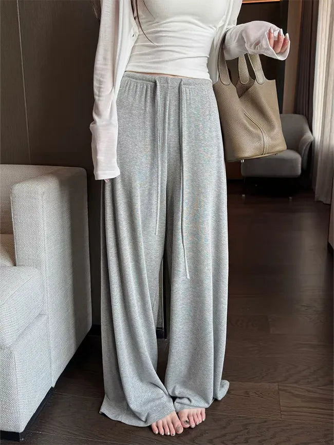 Women's Straight Pants Spring Summer Loose Casual High Waist Wide-leg Pants Drawstring Solid Gray Trousers Women