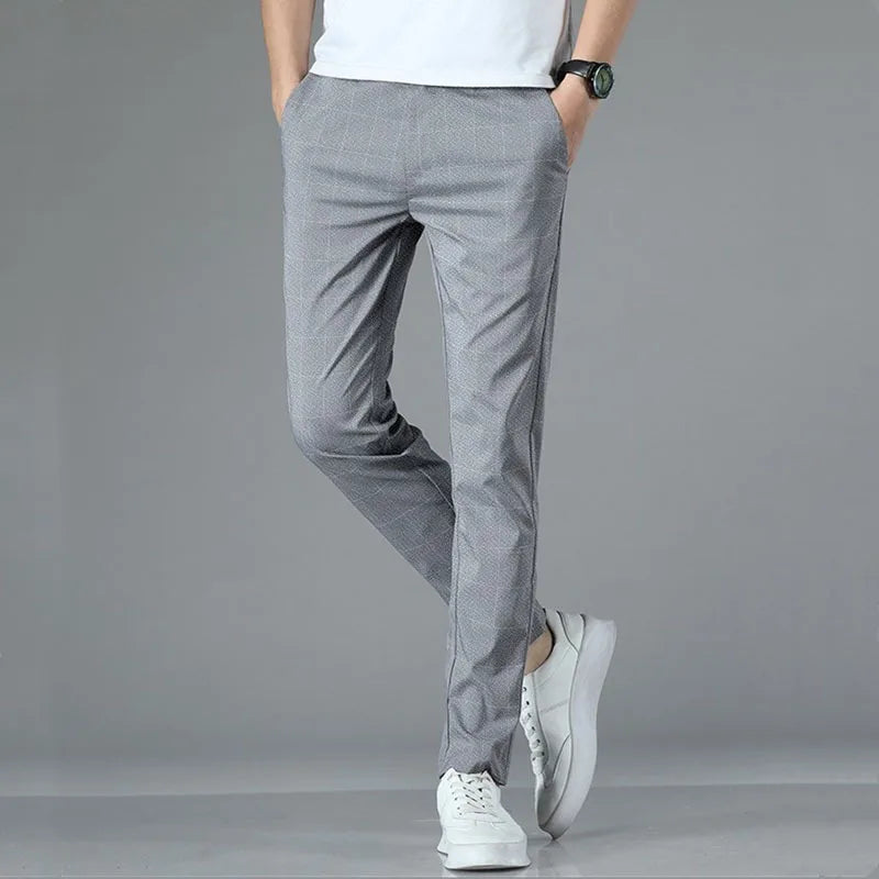2025 Spring/Summer Men's Elastic Slimming Straight Leg Casual Pants Fashion Breathable Grid Design Sports Pants