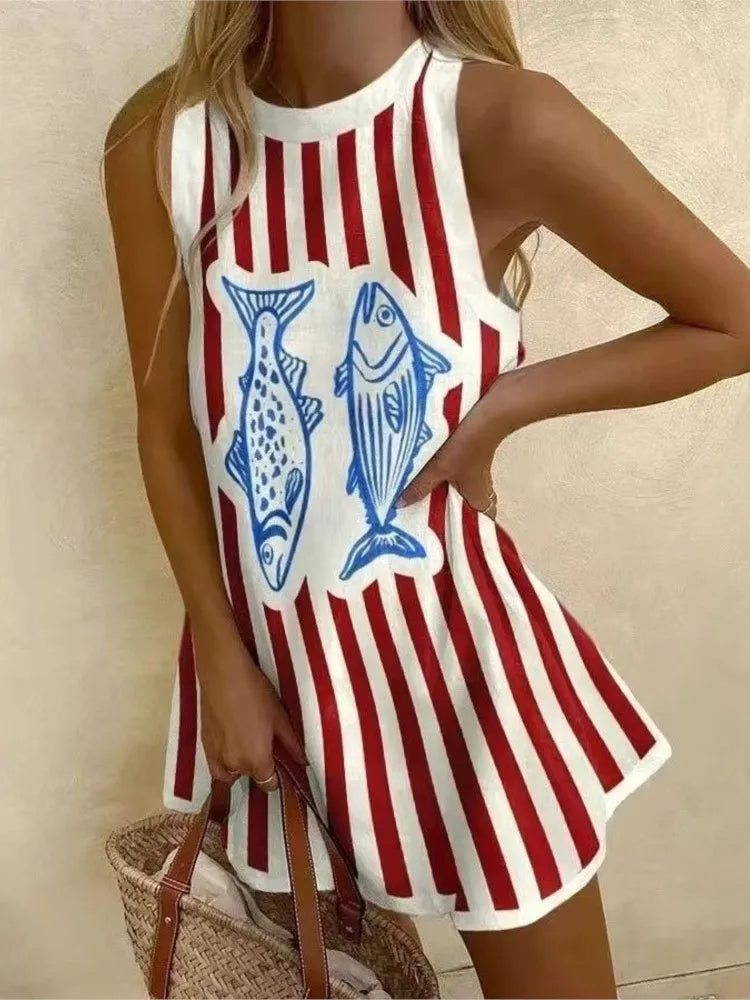 Fashionable Printed Shirt Skirt Sexy Sleeveless Spring Summer New Item Round Neck Women's Sports Shirt Casual Loose Dress