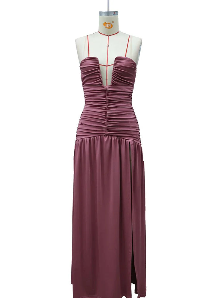 Rinabe Deep V Neck Strapless Maxi Dress Chic Solid Off-shoulder Backless Split Elegant Evening Dress Women Chic Slim Dresses
