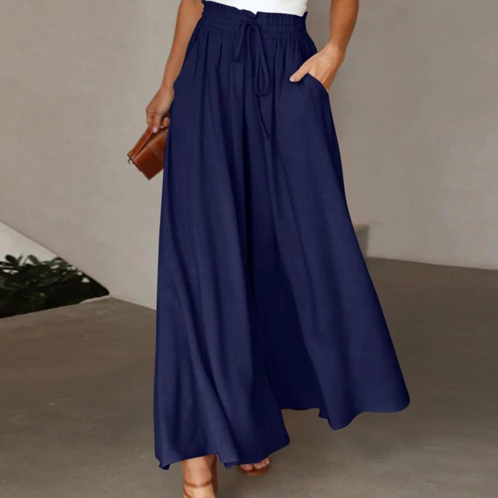 Women Casual Elastic Waist Wide Leg Pants Summer Elegant Drawstring Loose Straight Trouser Elegant Solid Pants Vacation Beach