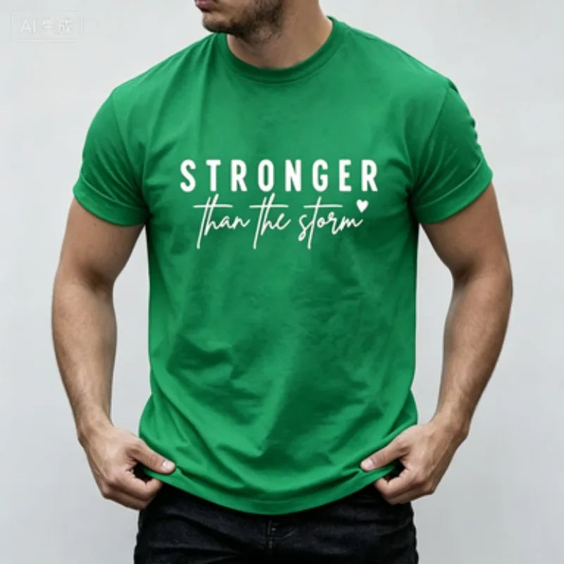 Inspirational Men  T‑Shirt, Slim  Crew Neck Tee, STRONGER than the storm Lettering Print Positive Mind Casual Short Sleeve Top