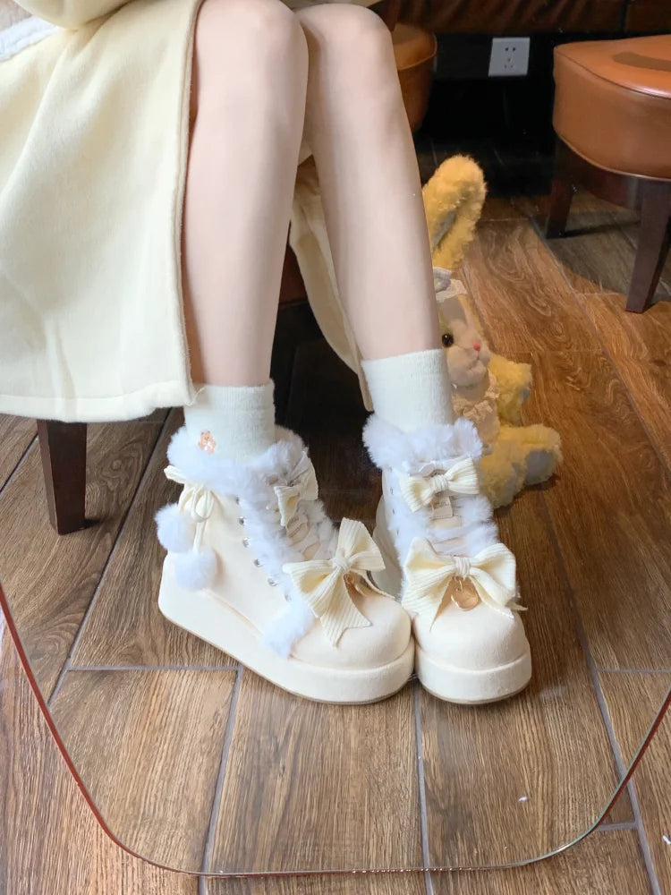 Sweet Girls Lolita Winter Snow Boots,Students Cute Plush Warm Bowknots PU Leather Lace Up Heightening Platform Shoes