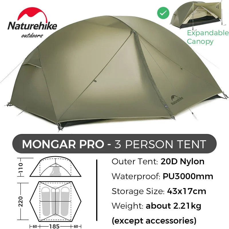 Naturehike Tent Mongar BASE/PRO/UL 1 2 3 Person Tent Ultralight Outdoor Camping Tent Waterproof Hiking Backpacking Tent Awning