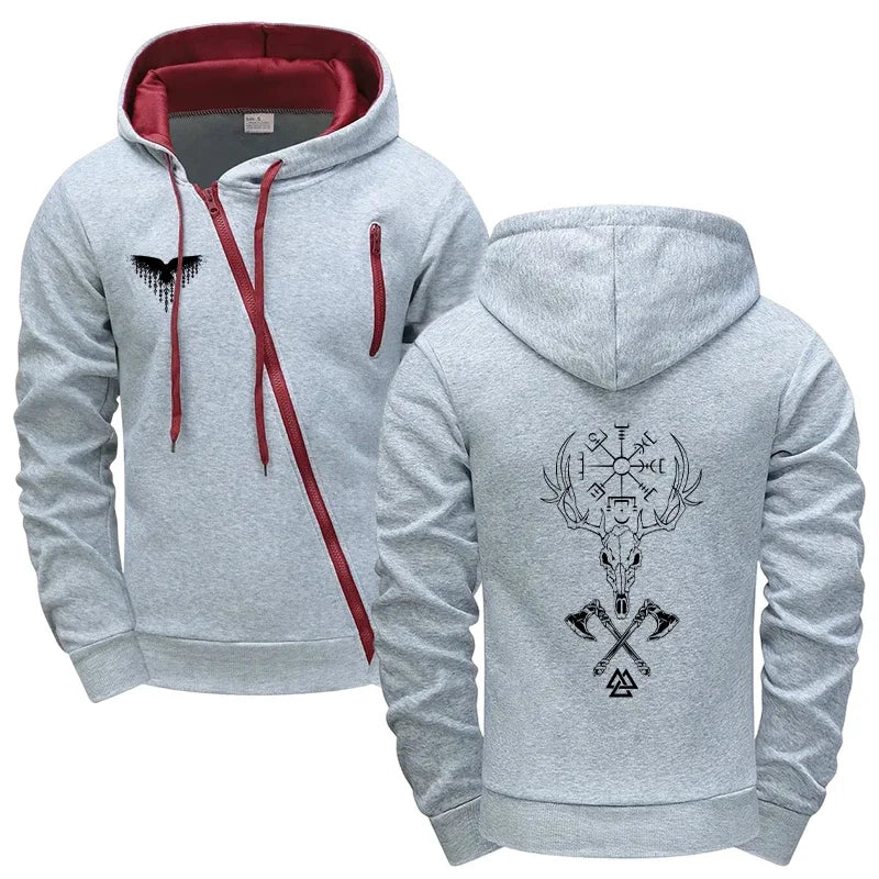 Mens Casual Riding Set 2025 Diagonal Zipper Hoodie with Joggers Urban Streetwear Tracksuit Autumn Winter