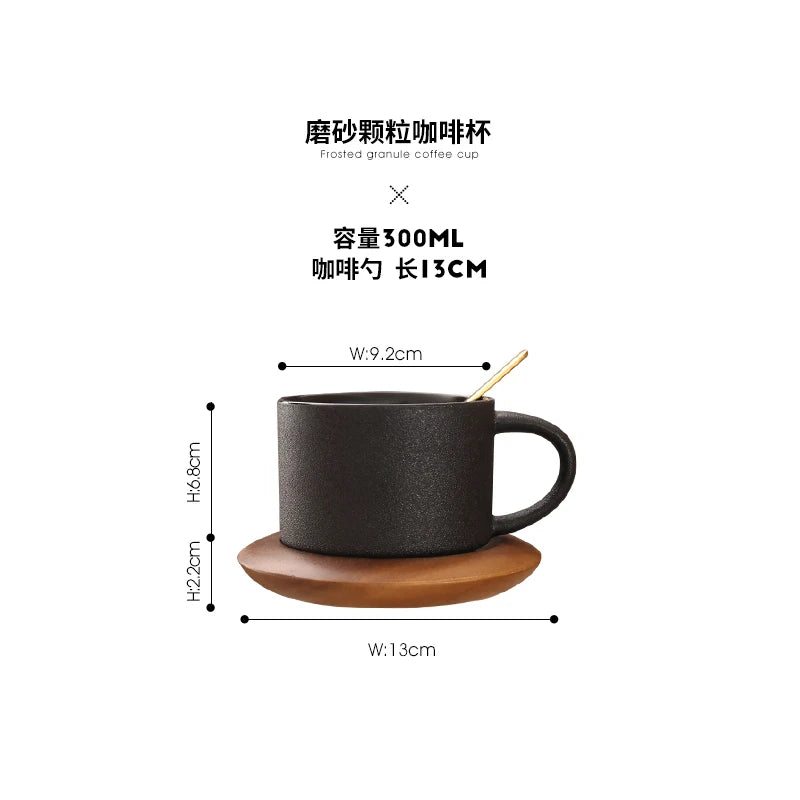 Nordic Black Ceramic Coffee Tea Cup creative coffee shop cups Frosted Porcelain Matte Mug Wood Saucer with Gold Steel Spoon mugs