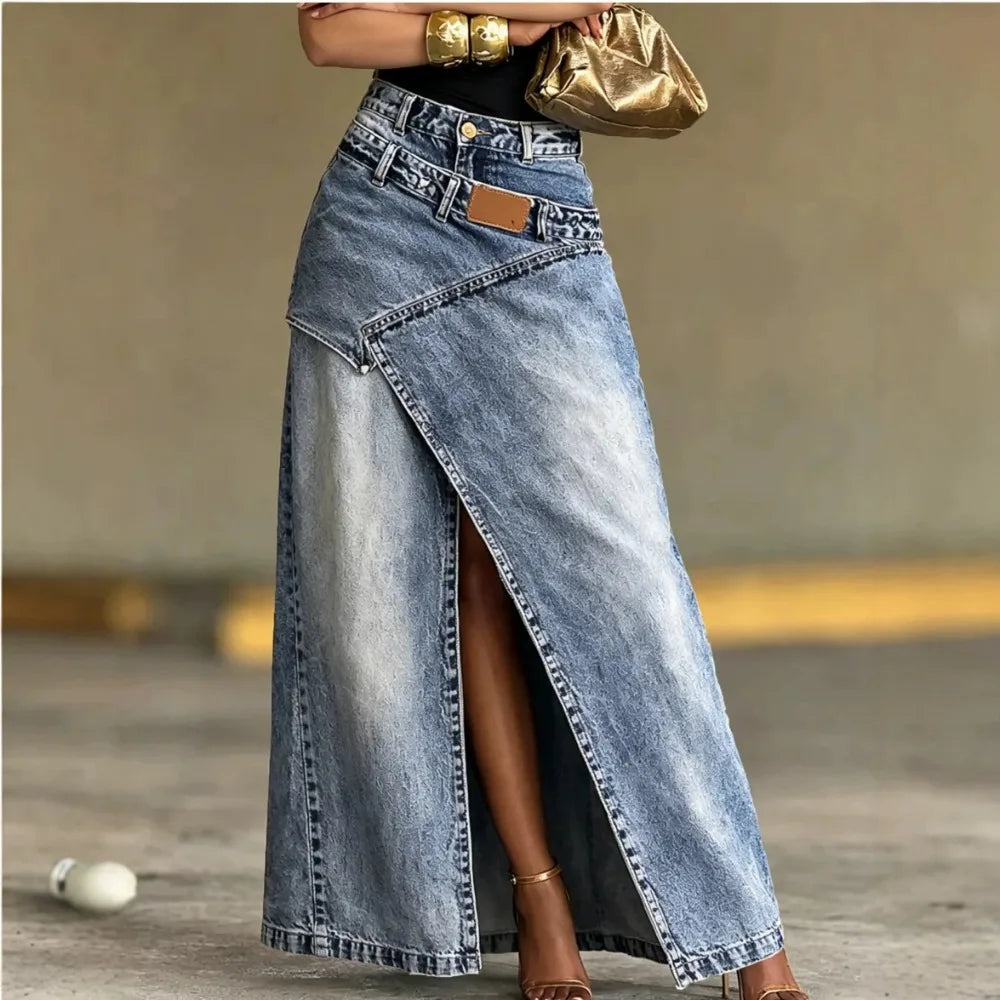Washed Denim Maxi Skirt High Waist Asymmetric Front Slit Long Jean Skirt Irregular Patch Women Casual Split Denim Long Skirt