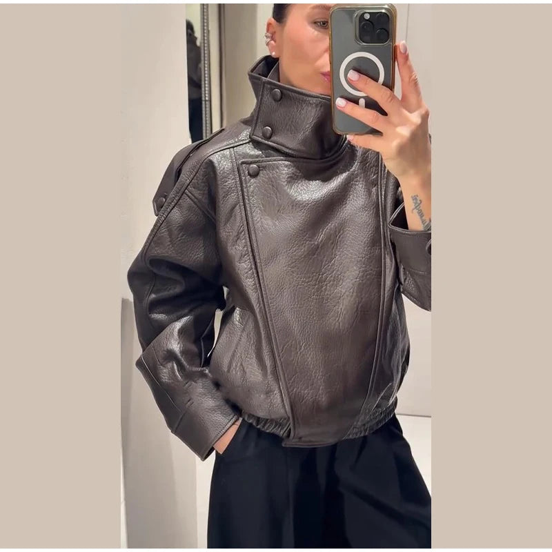 High Street Leather Jackets Women's Casual Double-breasted Turn Down Collar Loose Coats Elastic Waist 2026 Autumn New Outwear
