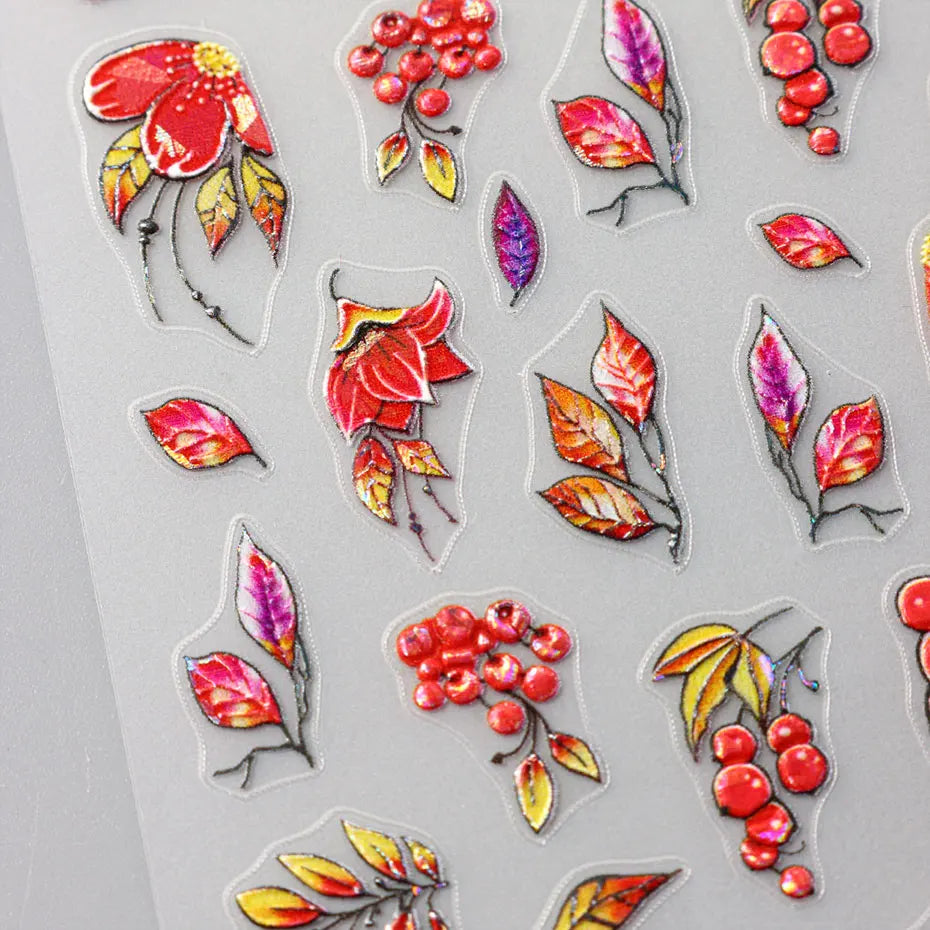2/4pcs 5D Laser Autumn Bird Decals Fall Embossed Maple Leaves Squirrel Nail Sticker Fruits Flower Engraved Charm Manicure Decor
