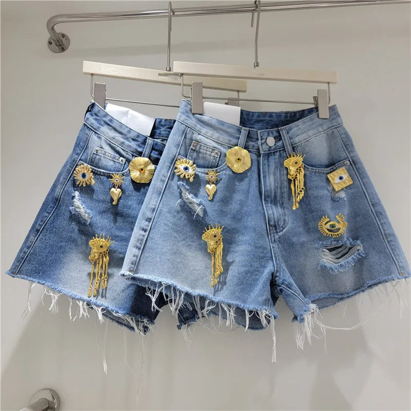 Women Denim Shorts Holes Spliced Print Jeans Pockets Solid Wide Leg Short Pant Tassels High Waist Trousers Casual Streetwear