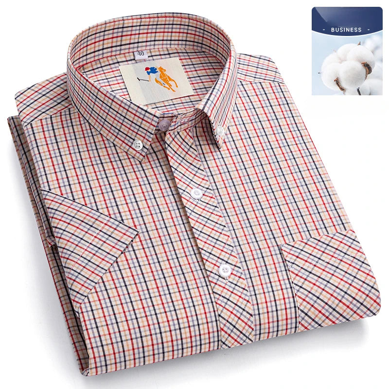 Fashion Korean Plus Size 8XL 100%Cotton Short Sleeve Shirts for Men Slim Fit Formal Plain Shirt Plaid Hawaiian Shirt Casual Top