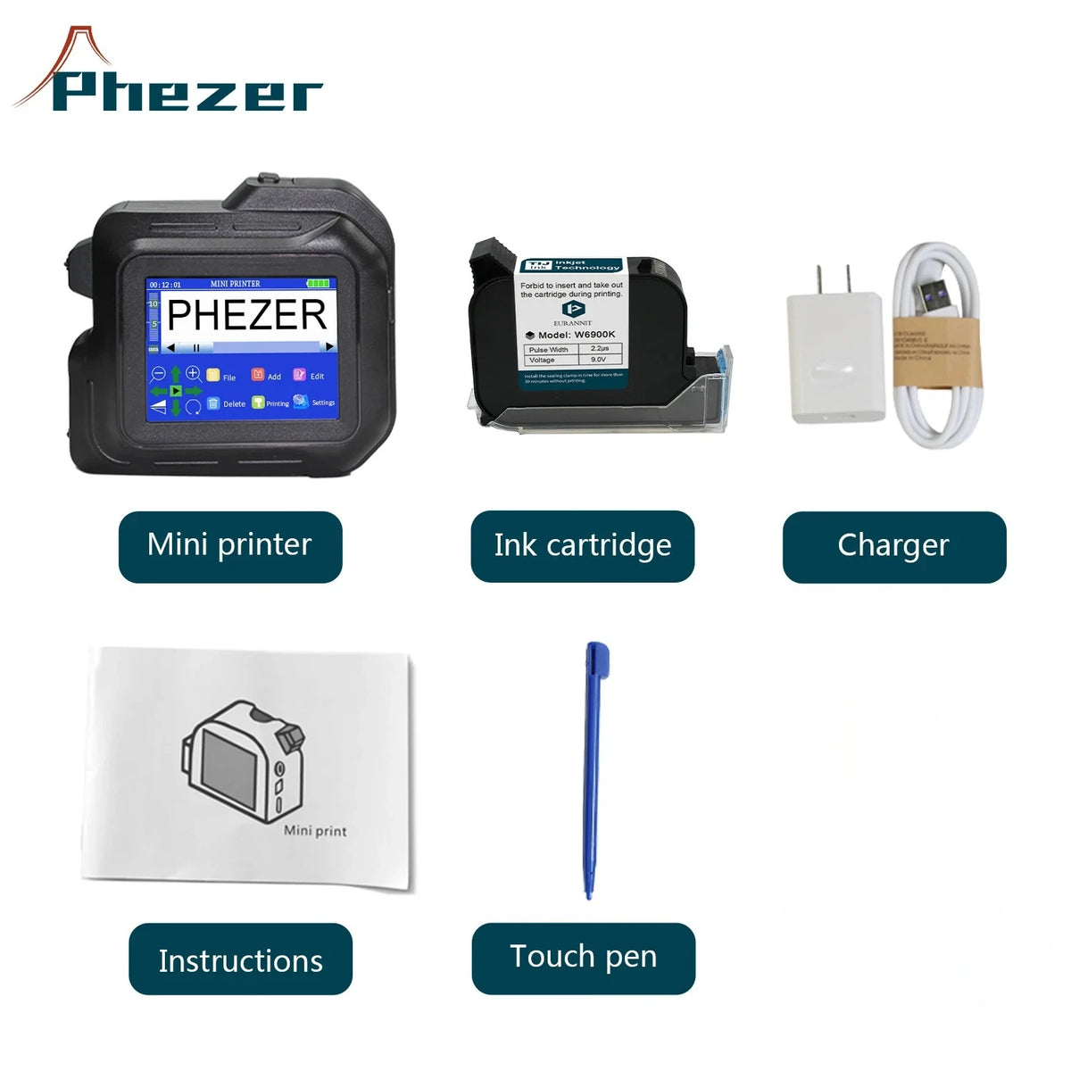 For Hp Phezer 2026 PC98 Mini Printer 28 Languages Portable Printer Handheld Inkjet Printer QR Bar Code Date Logo Expiry Date