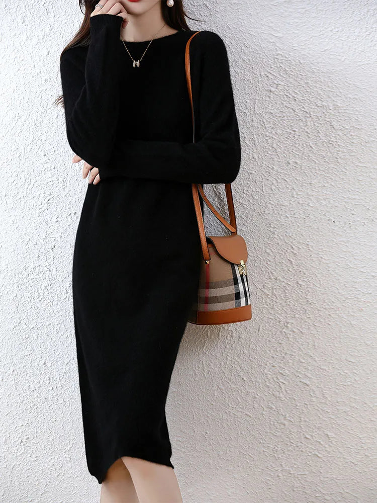 Cashmere Sweater Knitted Dresses 100% Merino Wool Women's Winter Female Elegant Pullovers Dress Autumn Casual Long Sleeve Skirts