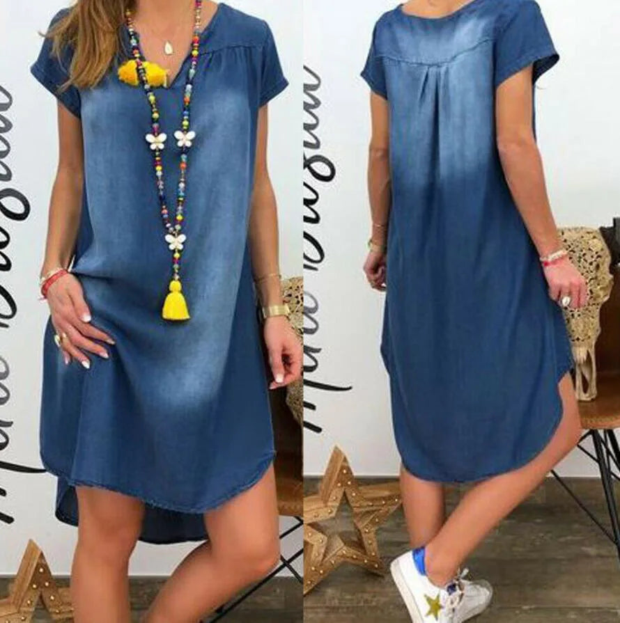 Summer New European and American V-neck Pullover Short-sleeved Denim Dress 2025 Cross-border