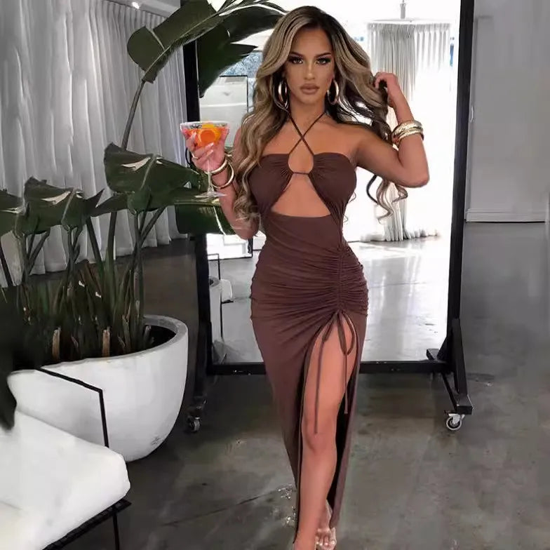 Women's Elegant Party Summer Sleeveless Halter Neck High Waist Pencil Dress Long Backless Cross Strap with High Slit Bodycon