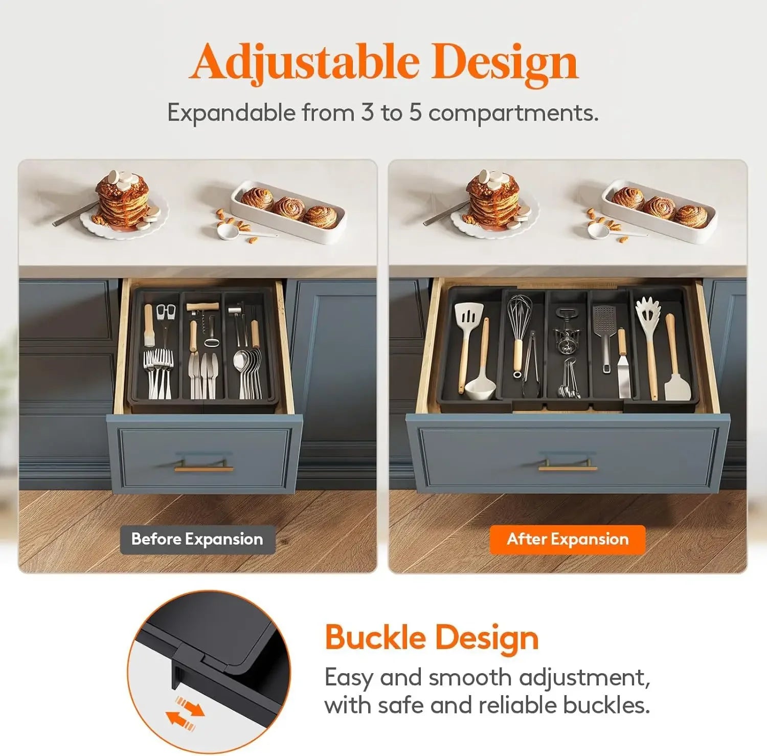 Kitchen Silverware Drawer Organizer Expandable Utensil Tray Adjustable for Spoons Forks Knives Flatware and Cutlery Organizer