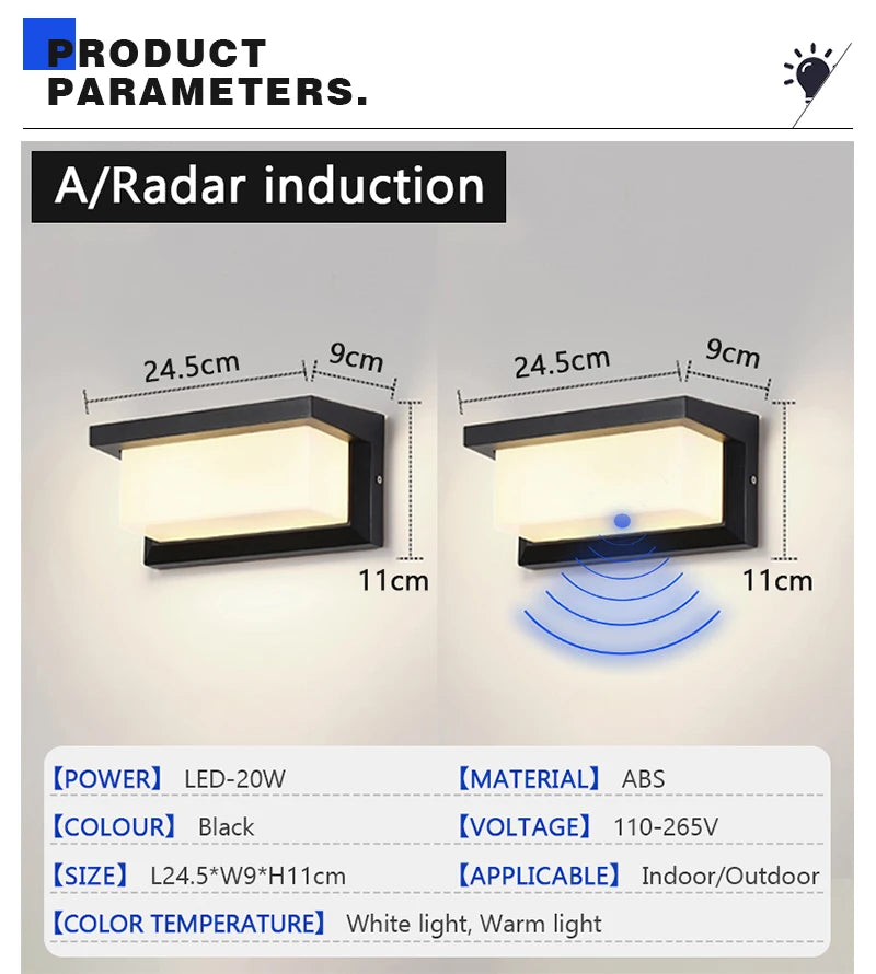 LED Outdoor Waterproof Wall Light 15W Radar Sensing Indoor Bedroom Living Room Outdoor Porch Wall Light Garden Decorative Light