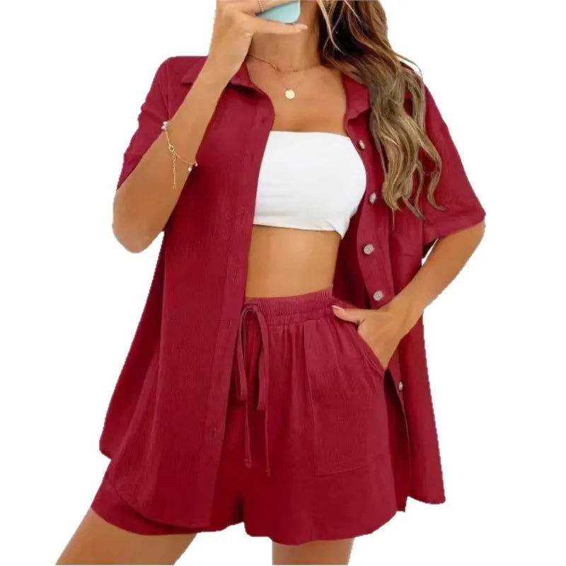 Solid Color Casual Fashion Loose Short Pants Sets For Women Elegant Summer Women's Long Sleeve Single breasted Two Pieces