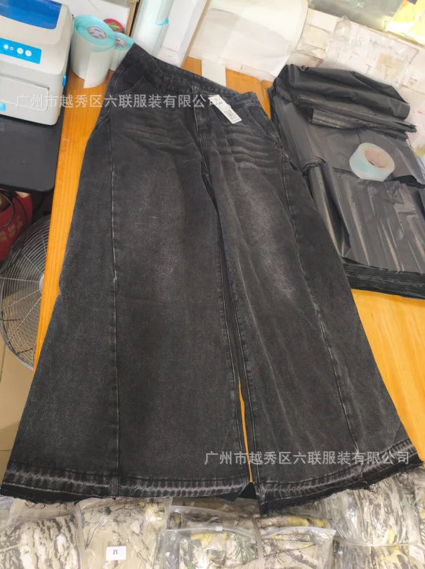 QICHE European American Women Y2K Blue Washed Patchwork Flare Jeans Loose Tassel Floor-Length Wide Leg Denim Pants