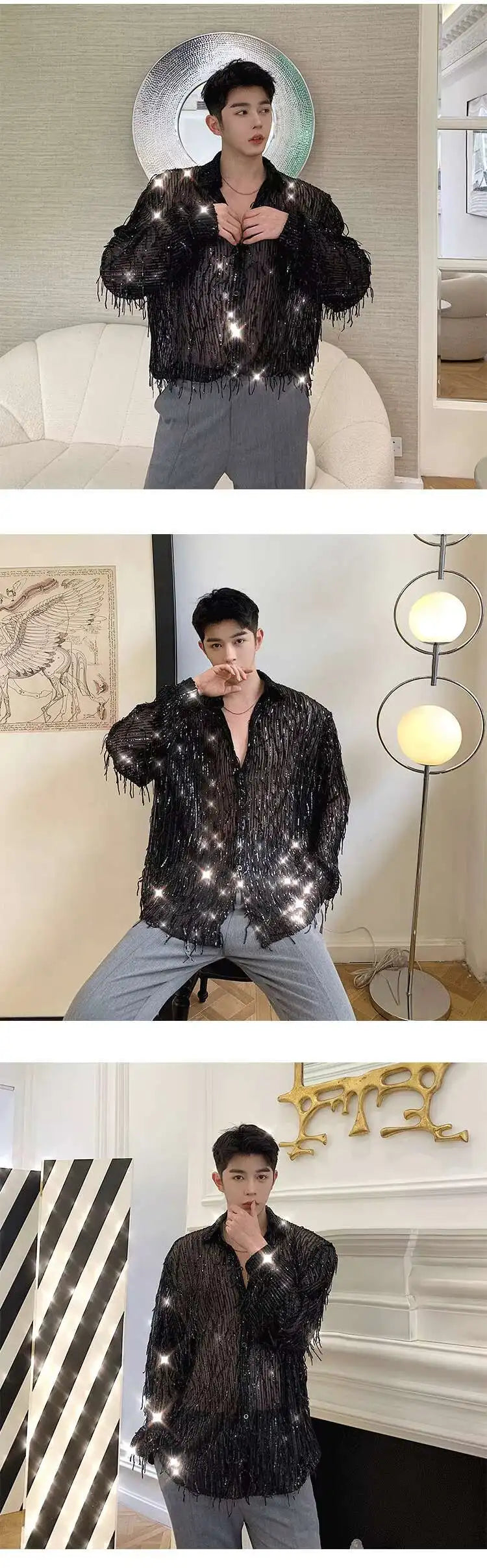 IEFB Spring Summer Men's Shirt Long Sleeve New Irregular Sequin Tassel Shirts Niche Streetwear Korean Style Male Top Tide 9Y7232