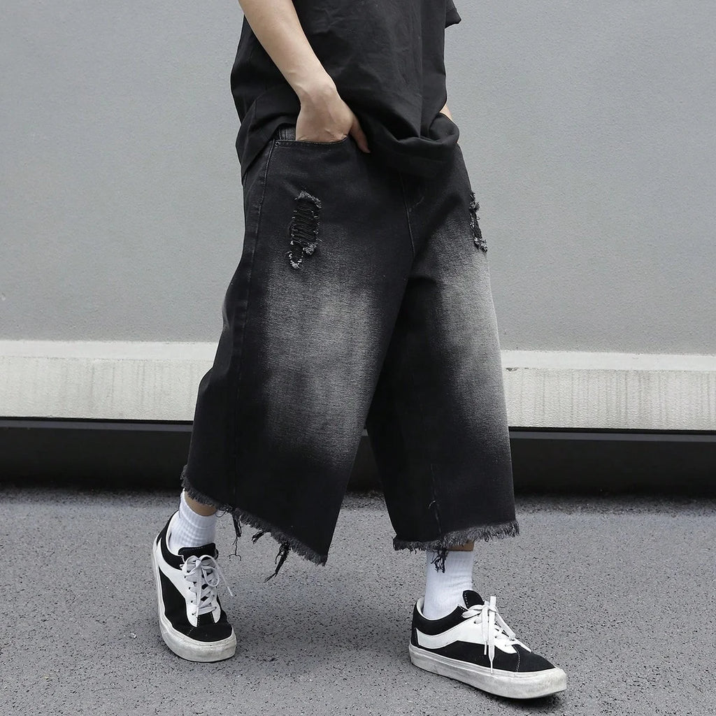 Men's Loose Ripped Denim Jeans 7 Point Calf Length Wide Leg Trousers Distressed Holes Frayed Hem Streetwear Casual Pants