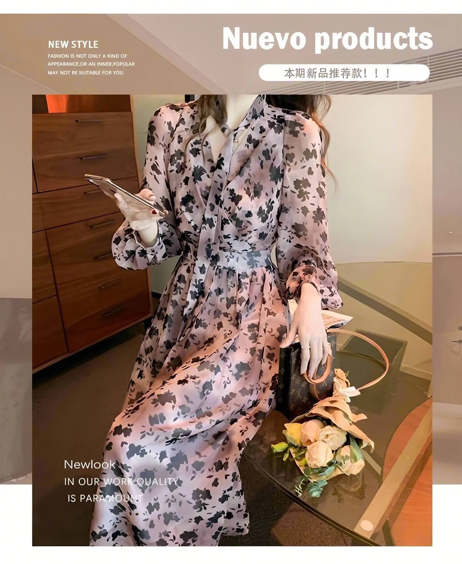 Women's chiffon lantern sleeve big swing dress V-neck floral long dress spring and summer French dress