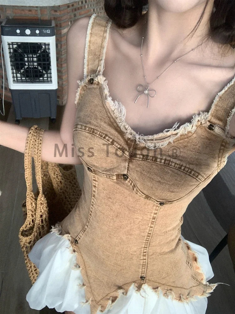 Summer Korean Fashion Retro 2 Piece Set Women Y2K Zipper Denim Tank Top Slim Top+mini Skirts Female Streetwear Hot Girl Suit New