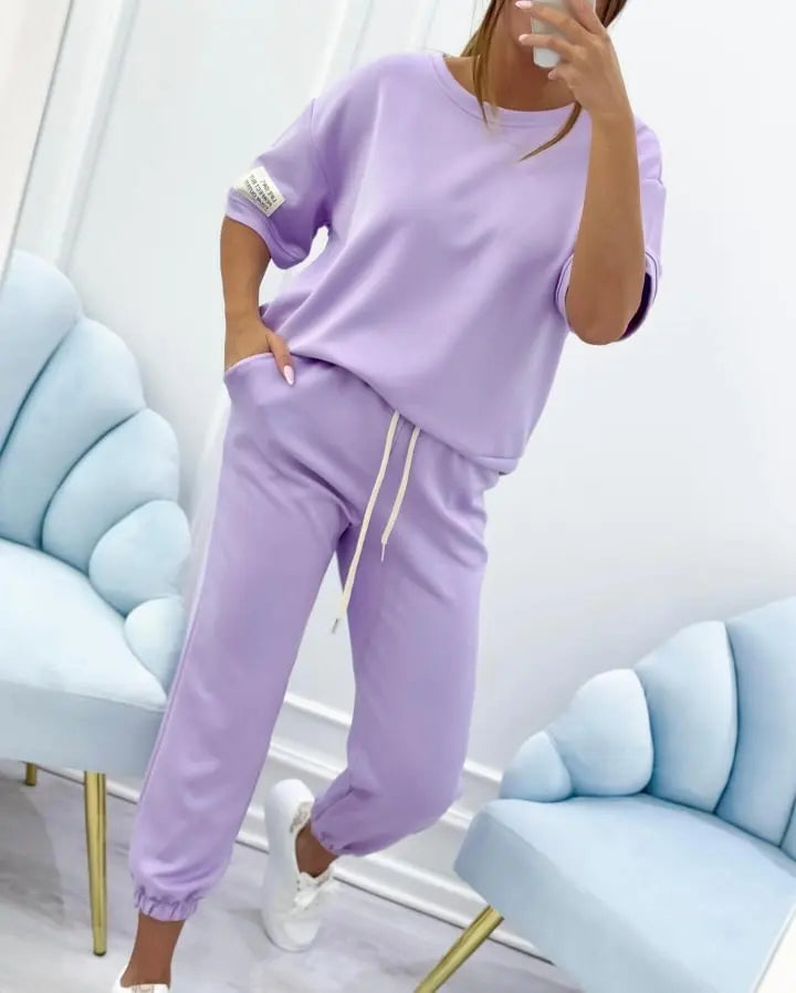 Fashion O Neck Short Sleeve Solid Color T-shirt Women Trousers 2-piece Set Summer Casual Sports Elastic Small Feet Trousers Suit