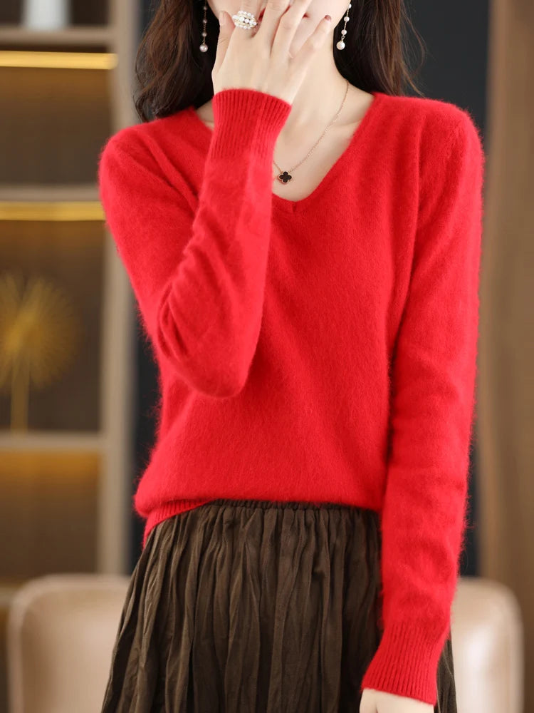 LHZSYY Super Warm 100% Mink Cashmere Women Sweaters V-Neck And Pullovers Winter High Elasticity Soft Tops Casual Basic Jumper