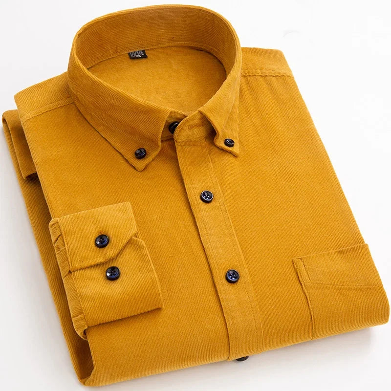2025 Cotton Corduroy Casual Warm Solid  Shirt Long Sleeve Winter Regular Fit Mens Men's Shirts with Pokets