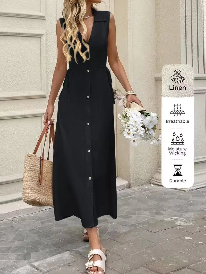 BohemianStyle Dress Sleeveless V-Neck ButtonFront Dresses Elegant Classic Solid Dresses Resort SeasideStyle Vacation Dresses