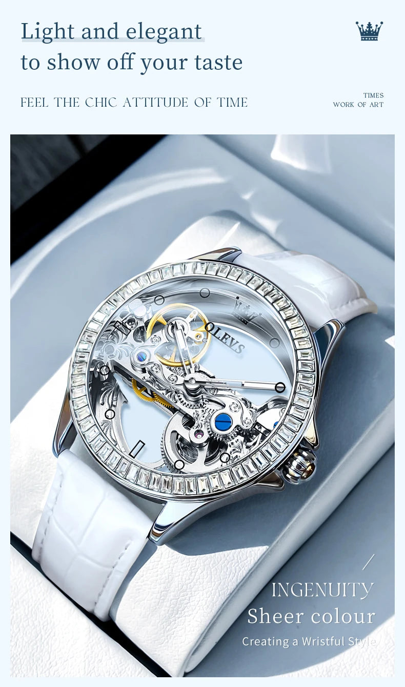 OLEVS Couple Watches Original Fully Transparent Skeleton Automatic Mechanical Watches For Men Women Lover's Gift Luxury Watches