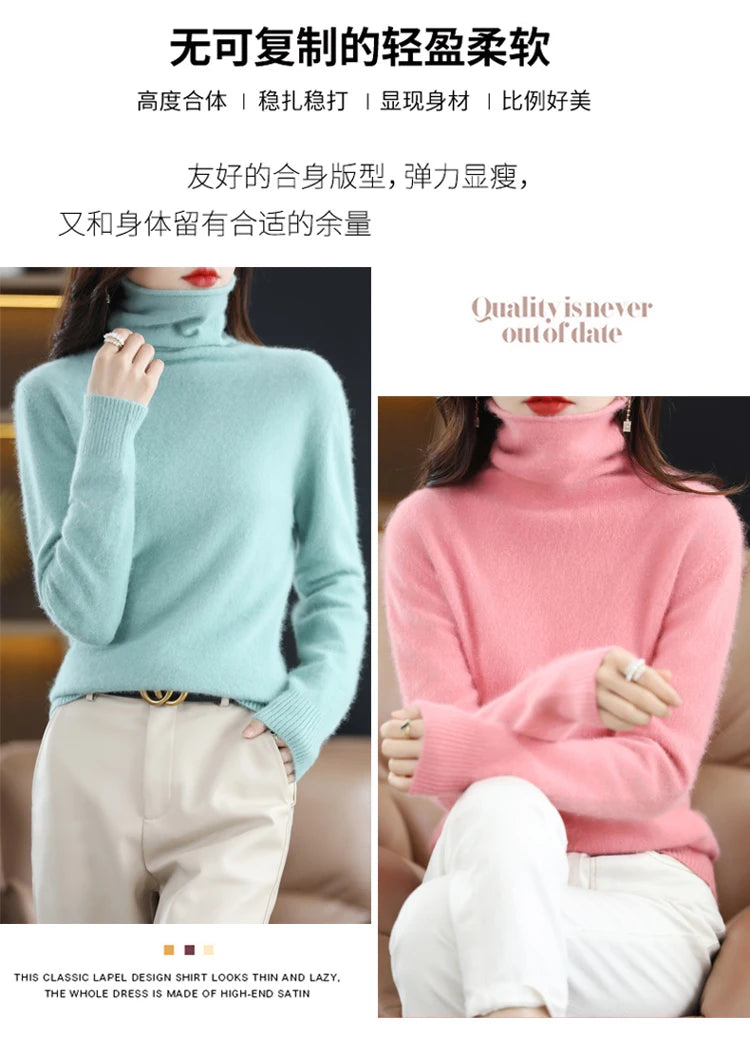 Women's Pile Collar 100% Mink Cashmere Sweater Winter High Collar Knitted Pullover Casual Short Thick Tops Loose Warm Base Shirt