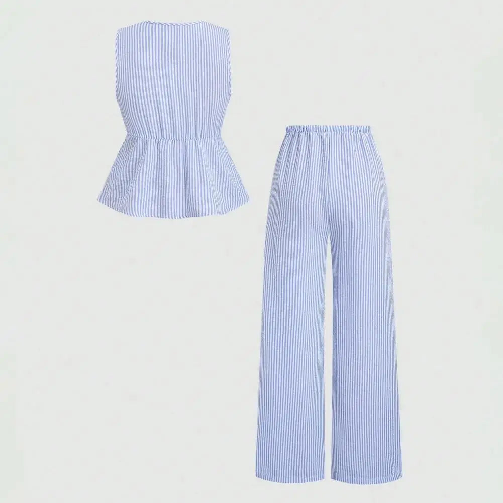 Women's Summer Striped Lace-up 2 Piece Outfits Tie Front Ruffle Lightweight Sleeveless Tank Top and Wide Leg Pants Lounge Sets
