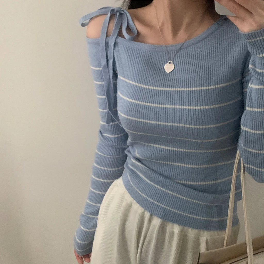 2026 New Women's Elegant Off-Shoulder Sweater T-Shirt Black White Striped with Adjustable Lace-Up Fall Winter Casual Chic Top