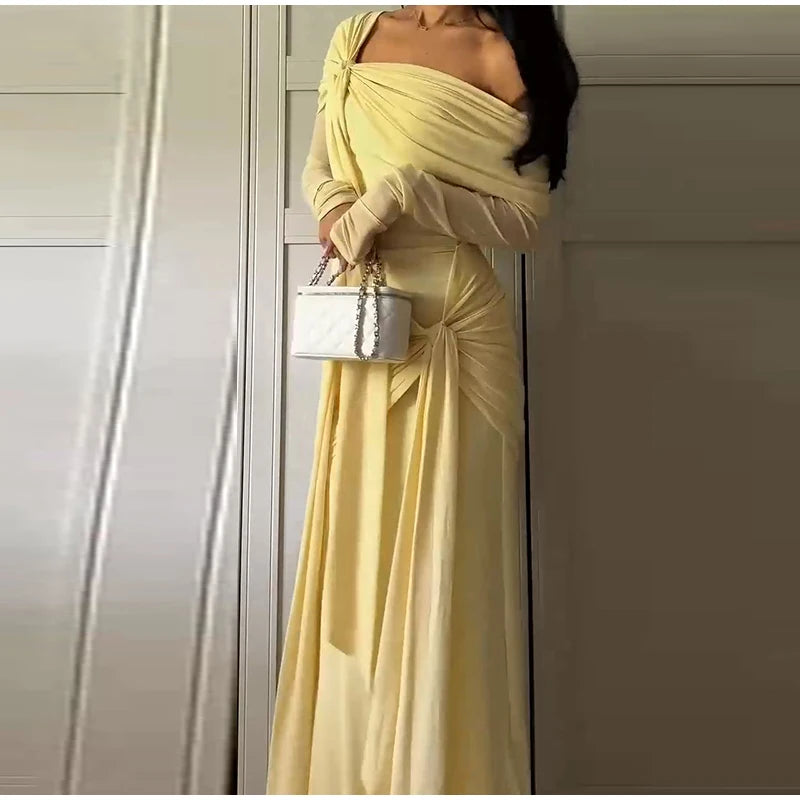 Elegant Solid Lace Up Dress Women's Off The Shoulder Long Sleeve Draped Dresses 2026 Spring New Female Chic Party Robes ﻿