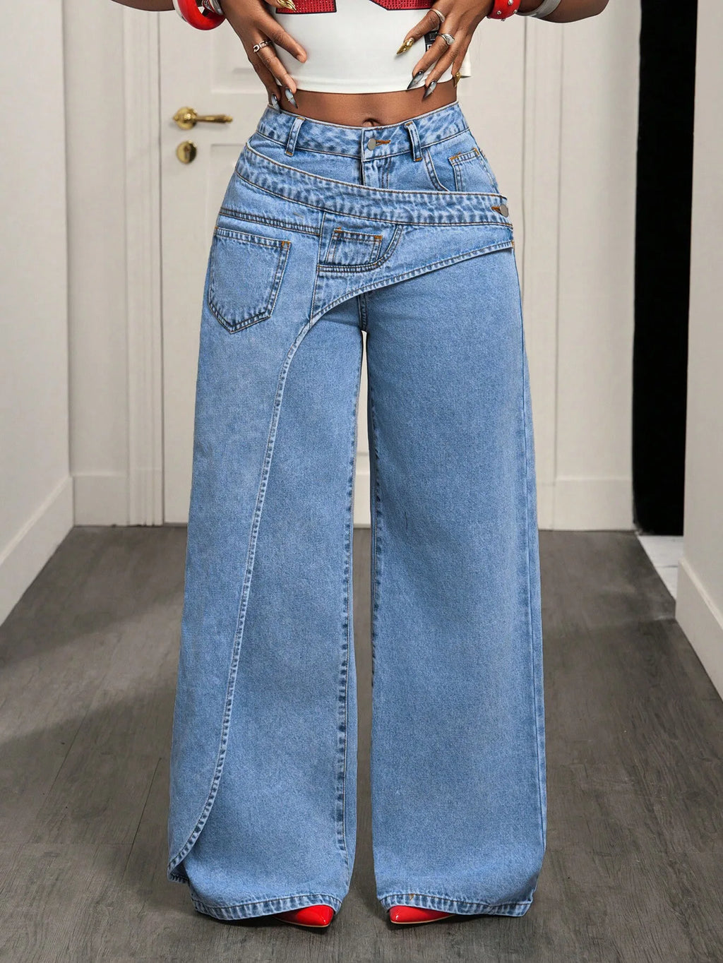 Women Designer Denim Pant Jeans Vintage Wide Leg Big Pockets Floor Pants High Waist Y2k Streetwear Elegant Casual Loose Trousers
