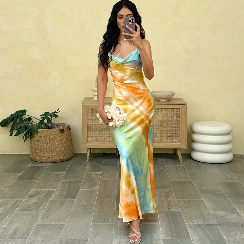SKMY Summer Women's New Fashionable Streetwear Sexy Low Cut Slim Fit Halter Neck Backless Dress Printed Party Long Dresses