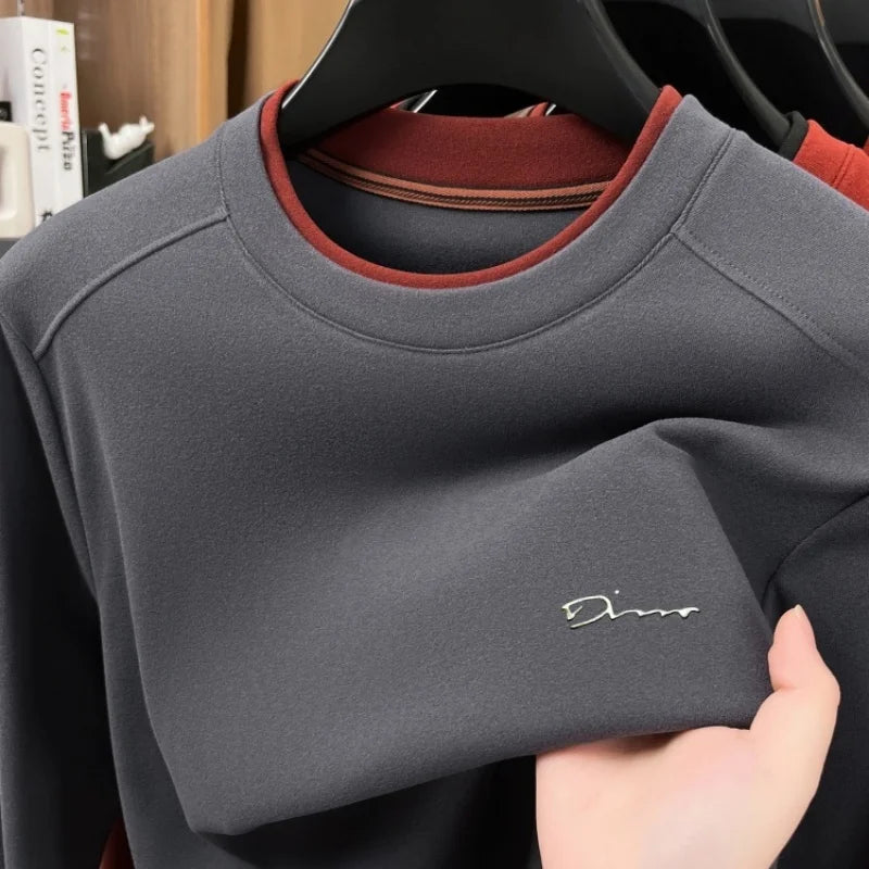 Unique fake two pieces round neck sweater men fashion brand letter emboss pullover autumn winter warm velvet long sleeve T-shirt