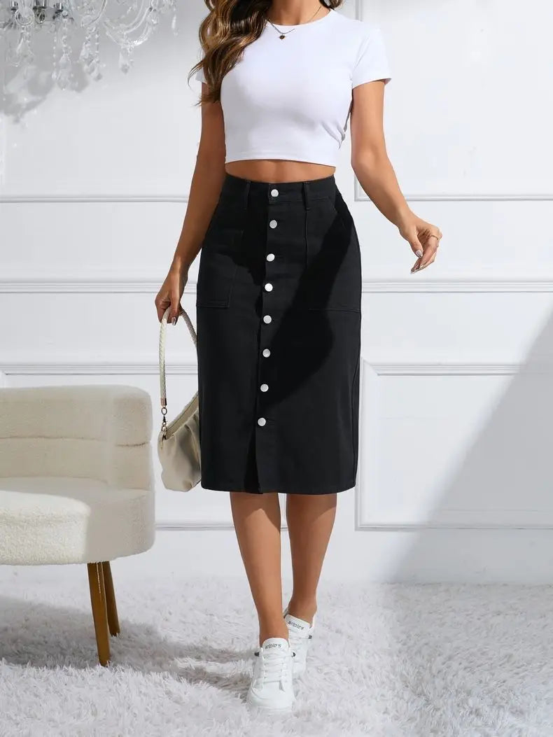 Tight Elastic Medium and Long Denim Slim Bottom Knee Split One Step Hip Wrap Skirt