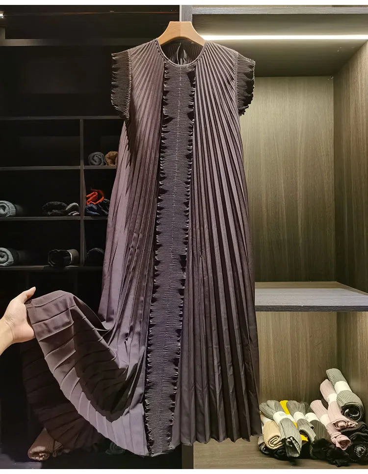 Miyake Pleated Solid Color Dresses High-End 2026 Ruffled Handmade Pleats Solid Color Fold Dress Summer Elegant Sleeveless Dress