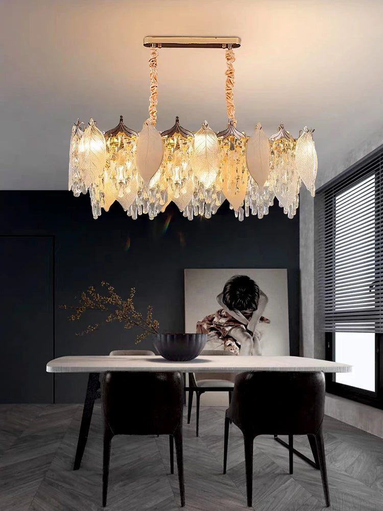 Luxury Porcelain Glass Leaves Chandelier Modern Crystal Hanging Lamps Home Decor Lighting Lustre Villa Living Room Pendant Light