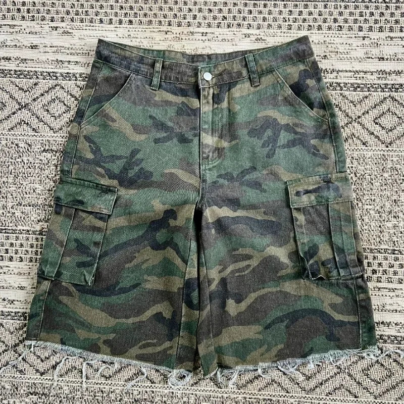 Y2K Fashion New Oversized Pocket Tooling Camouflage Loose Denim Shorts Unisex Gothic Punk Hip Hop Fashion Casual Joker Couple