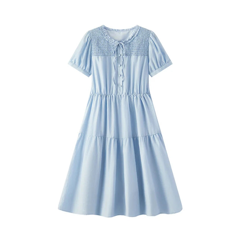 Semir Women Dress Puff Sleeve Lace Crew Neck Textured Midi French Elegant 2026 Summer Romantic Soft Comfy Daily Top