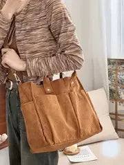 Corduroy Crossbody Tote Bag Stylish Commuter Shoulder Bag with Multiple Spacious Pockets Handbag for Women