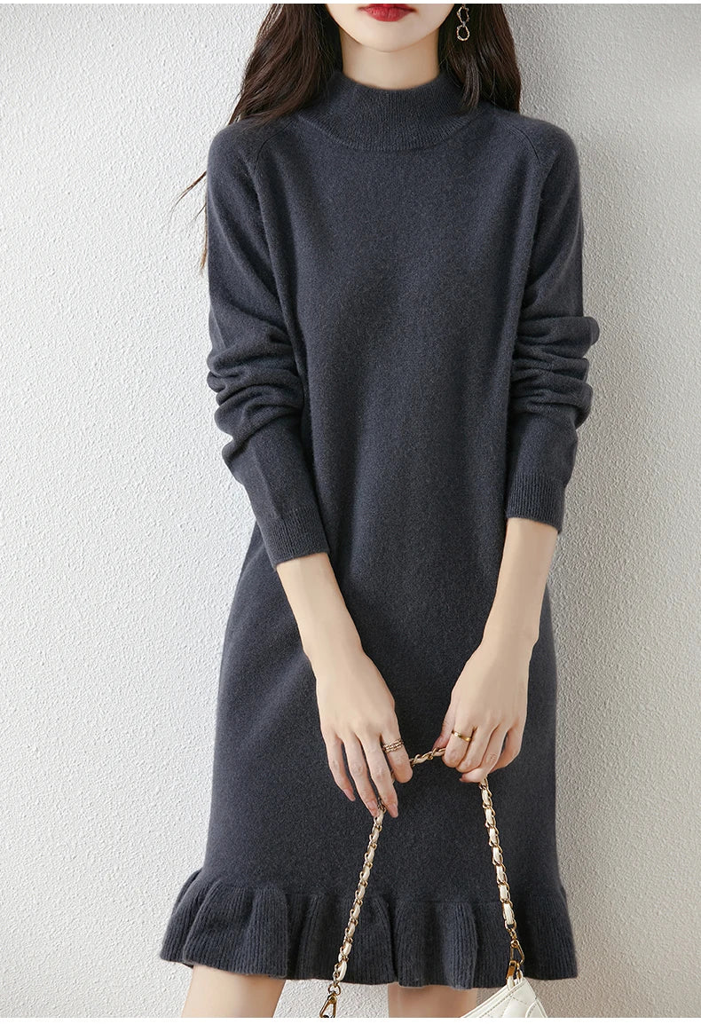 Women's Pure Wool Knitted Dress, High Collar, Pleated, Casual, Fashionable, Warm, 2024 Autumn And Winter