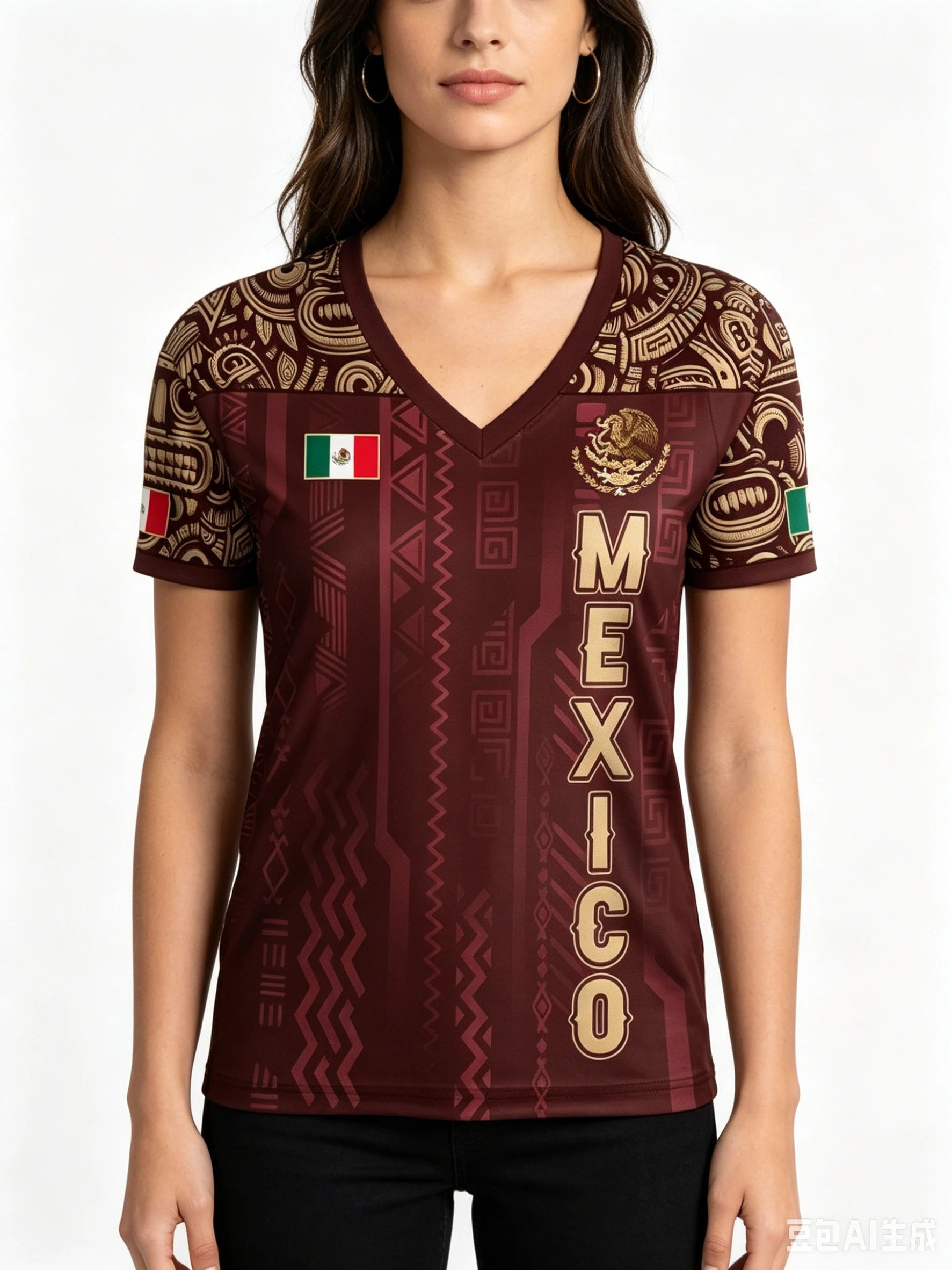 Mexico National Flag 3D Eagle Print Women's T-Shirts Casual V-neck Short Sleeve Tees Fashion Football Fan Summer Female Clothing